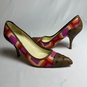 Prada | Size 37, US 7 | Pink, Red, and Purple Linen Heels with Brown Ostrich